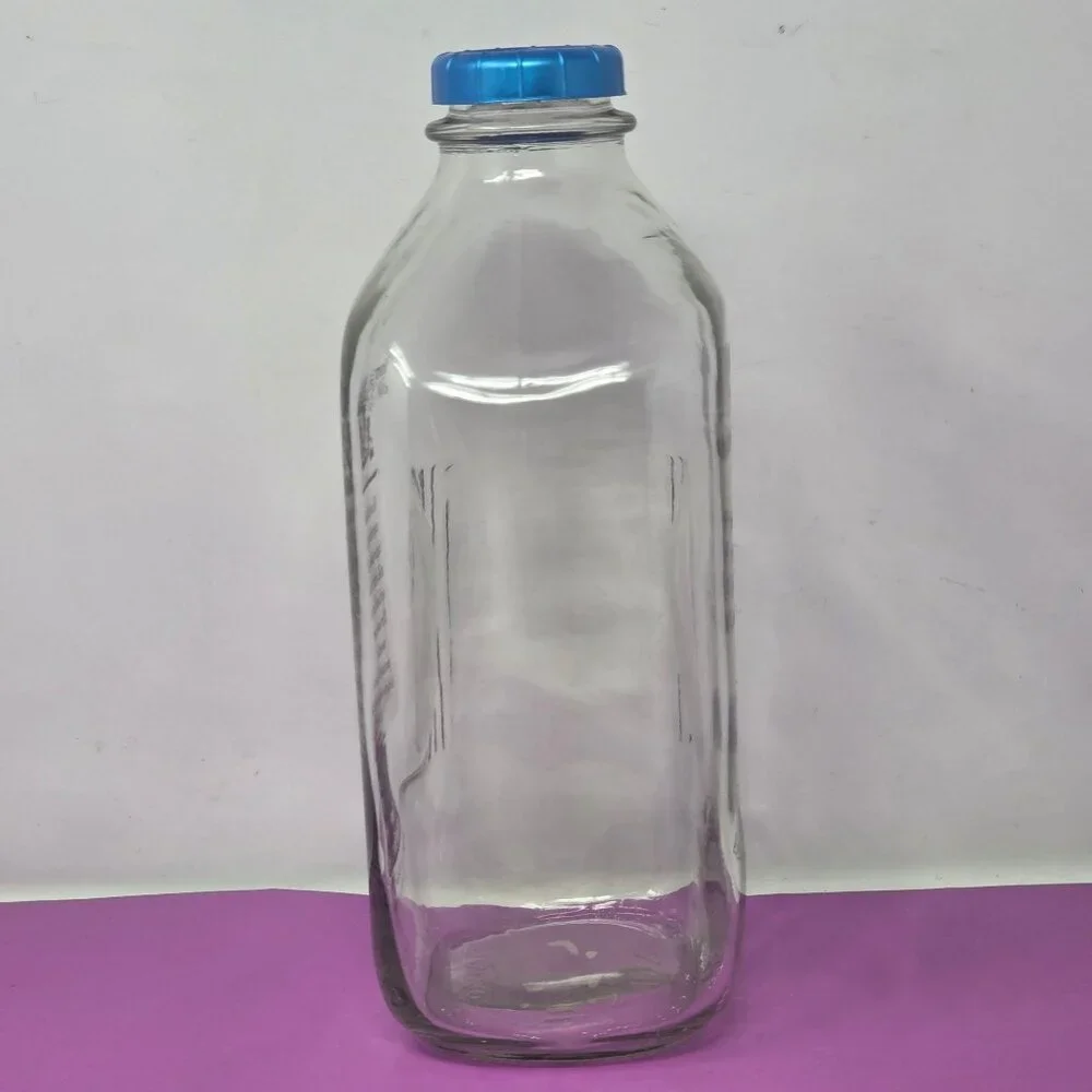 Clear Glass Milk Bottle W/ Blue Cap Memory Lane Dairy Store 64 Oz Stanpac Design